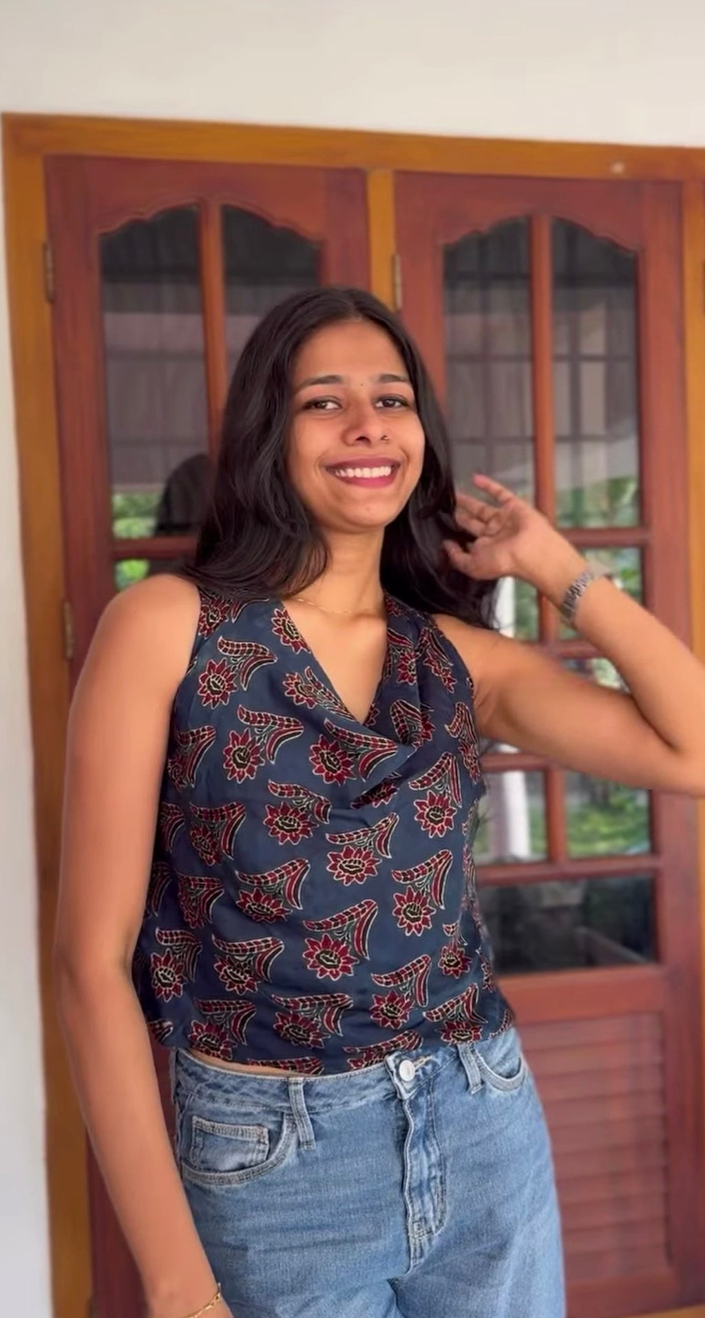 Indigo & Madder Silk Cowl Top with Traditional Floral Prints.