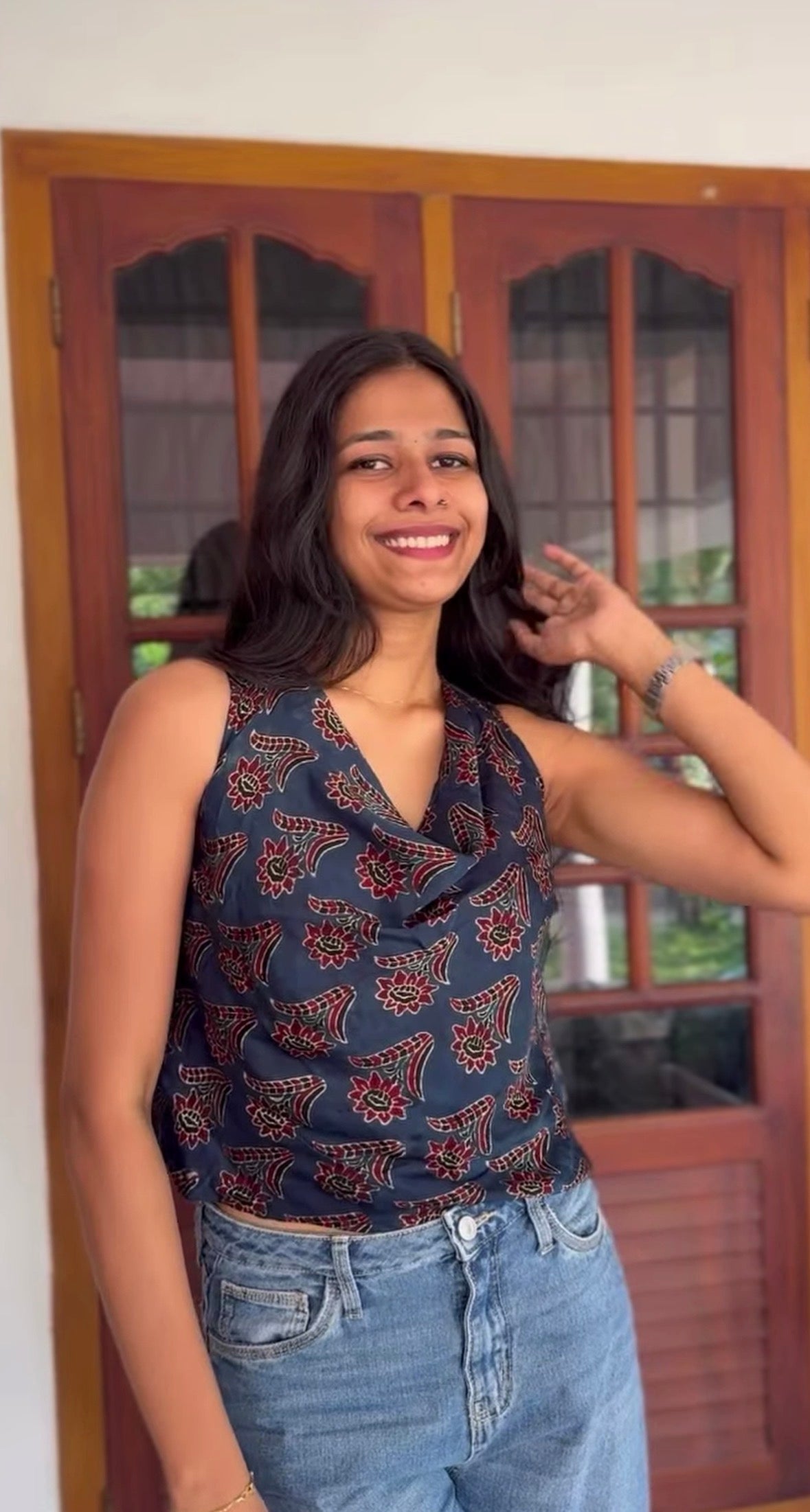Indigo & Madder Silk Cowl Top with Traditional Floral Prints.