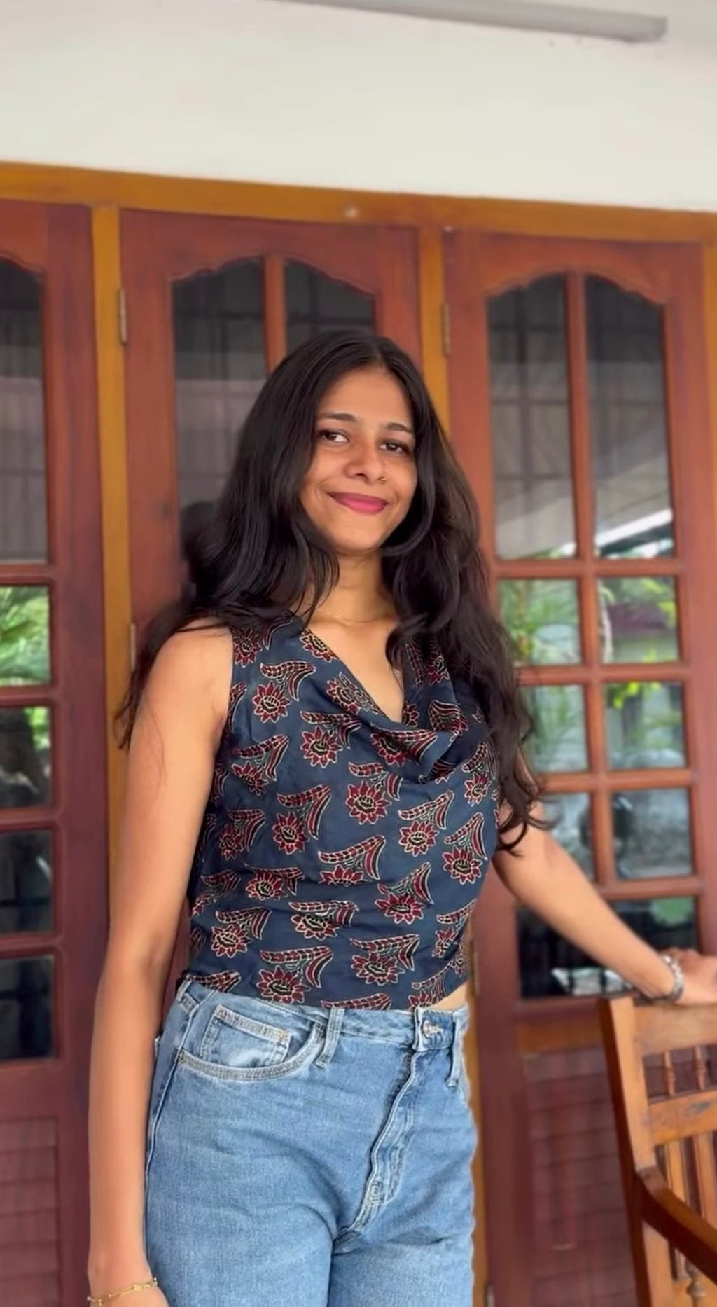 Indigo & Madder Silk Cowl Top with Traditional Floral Prints.