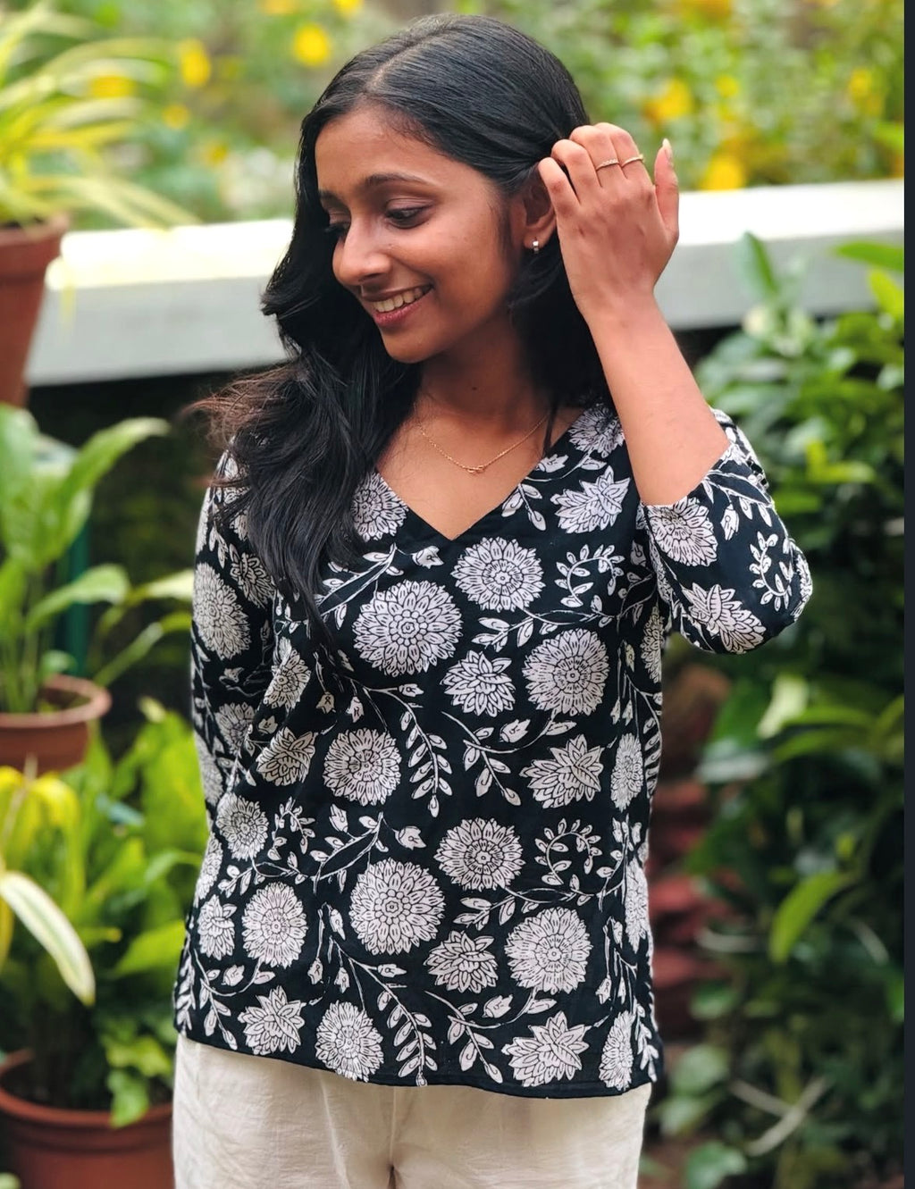Hand-Block Inspired Floral V-Neck Top in Black and White – Everyday Comfort Wear.
