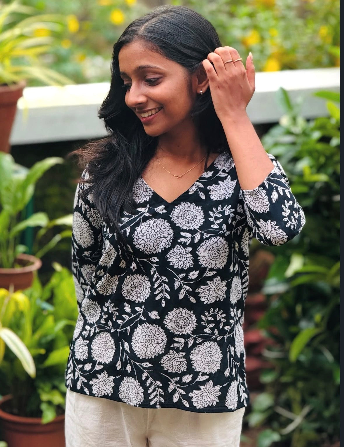 Hand-Block Inspired Floral V-Neck Top in Black and White – Everyday Comfort Wear.